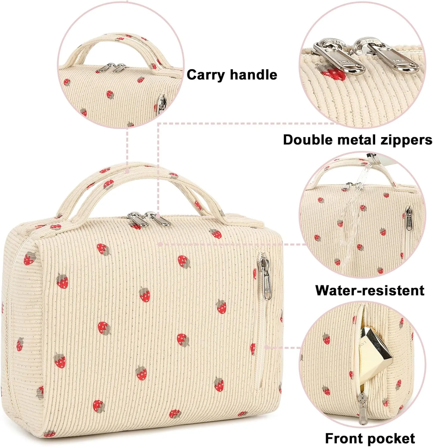 Bluboon Makeup Bag Zipper Pouch Travel Toiletry Bag Portable Cosmetic Bag Organizer for Women and Girls(Strawberry Corduroy Beige)