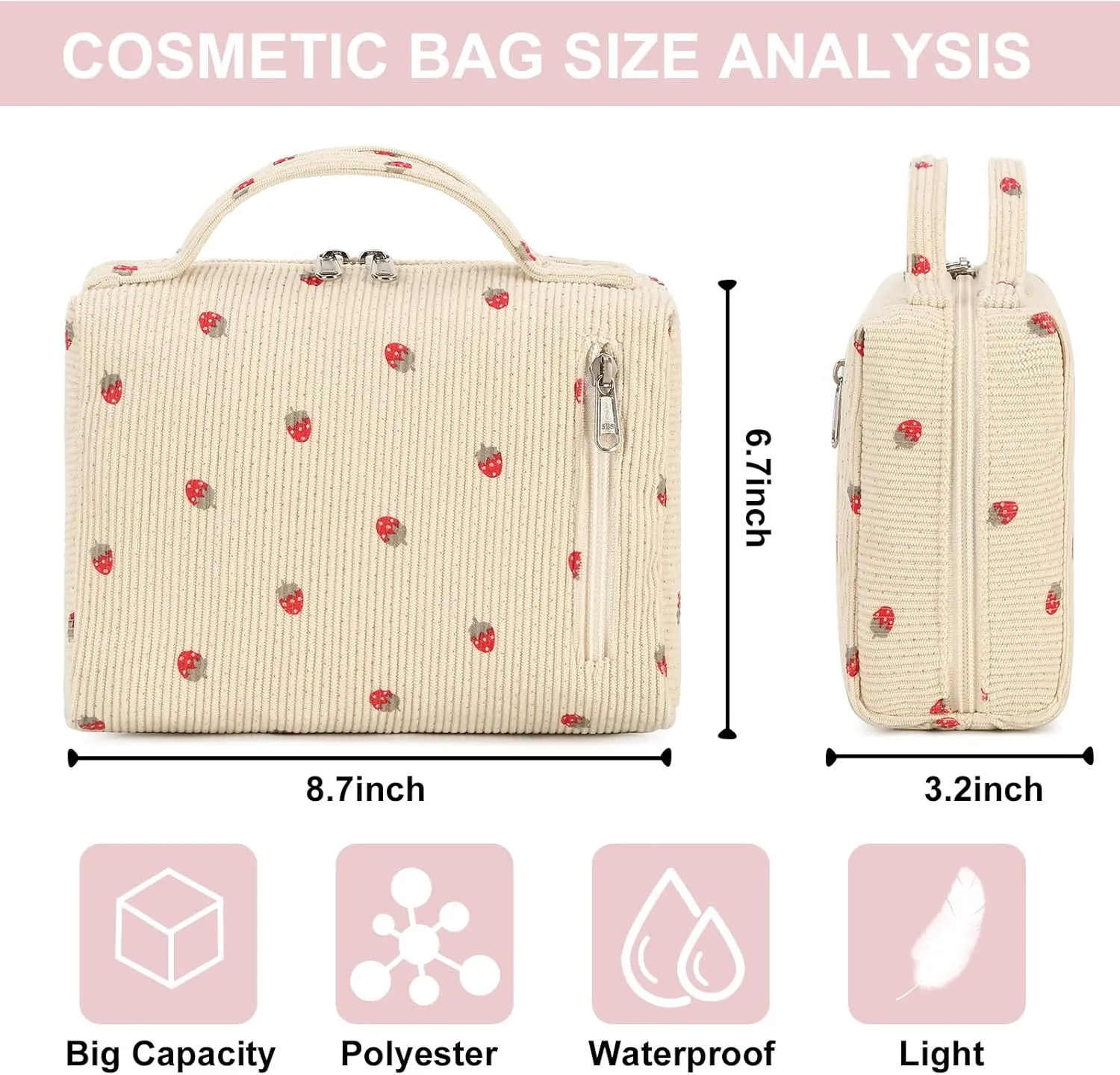 Bluboon Makeup Bag Zipper Pouch Travel Toiletry Bag Portable Cosmetic Bag Organizer for Women and Girls(Strawberry Corduroy Beige)