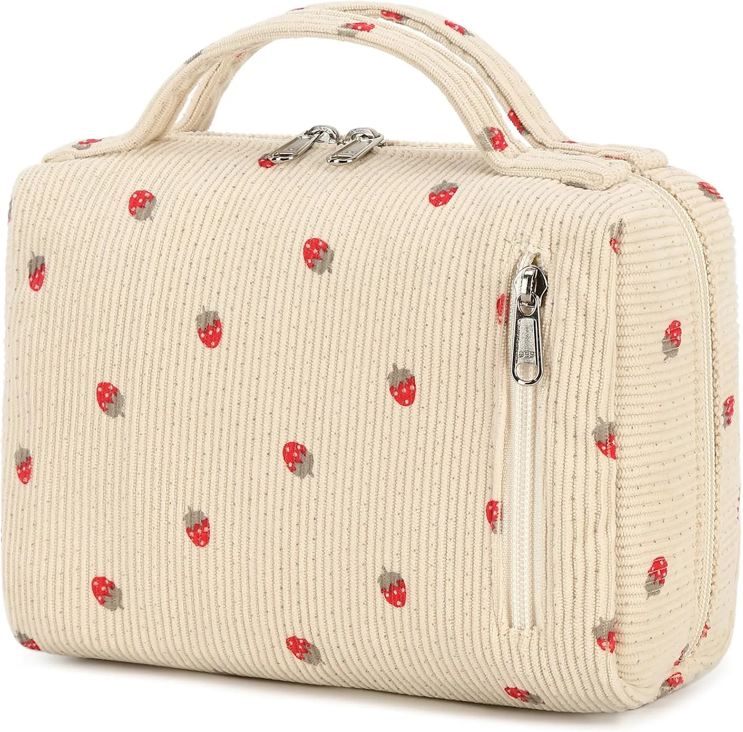 Bluboon Makeup Bag Zipper Pouch Travel Toiletry Bag Portable Cosmetic Bag Organizer for Women and Girls(Strawberry Corduroy Beige)