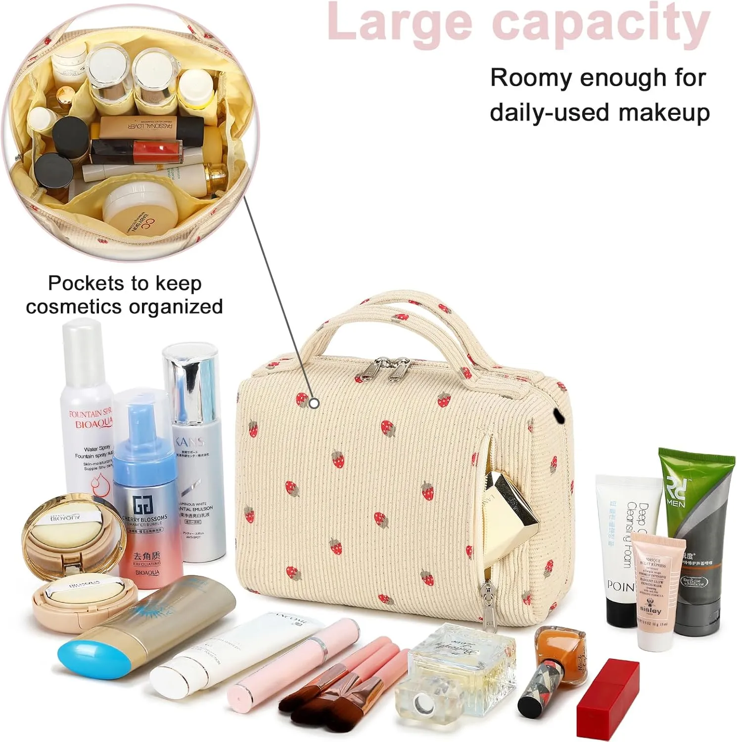 Bluboon Makeup Bag Zipper Pouch Travel Toiletry Bag Portable Cosmetic Bag Organizer for Women and Girls(Strawberry Corduroy Beige)