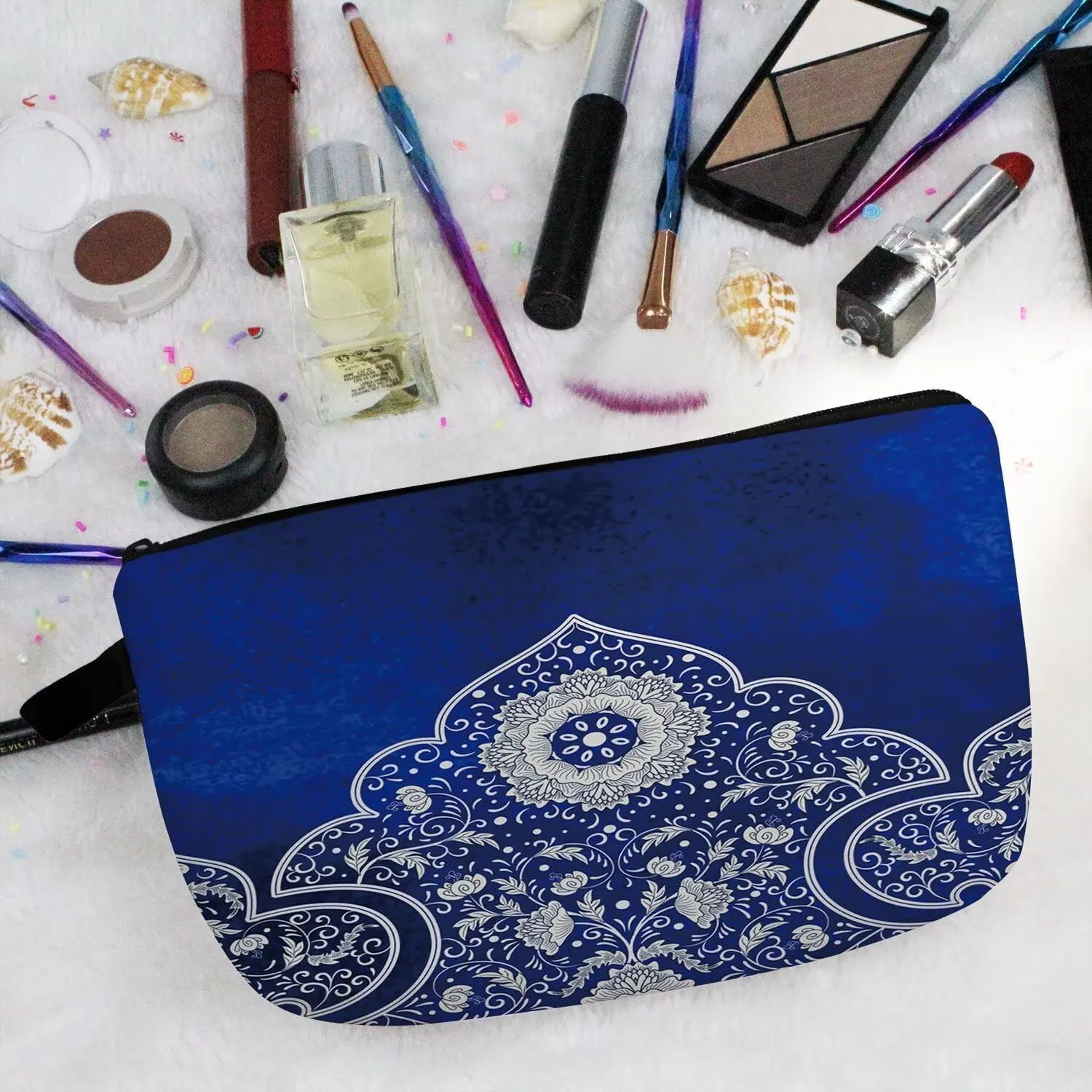 Blue White Porcelain Cosmetic Bag Cute Small Organizer Zipper Pouch Blue Ethnic Pattern Cosmetic Bag Present for Women Friends