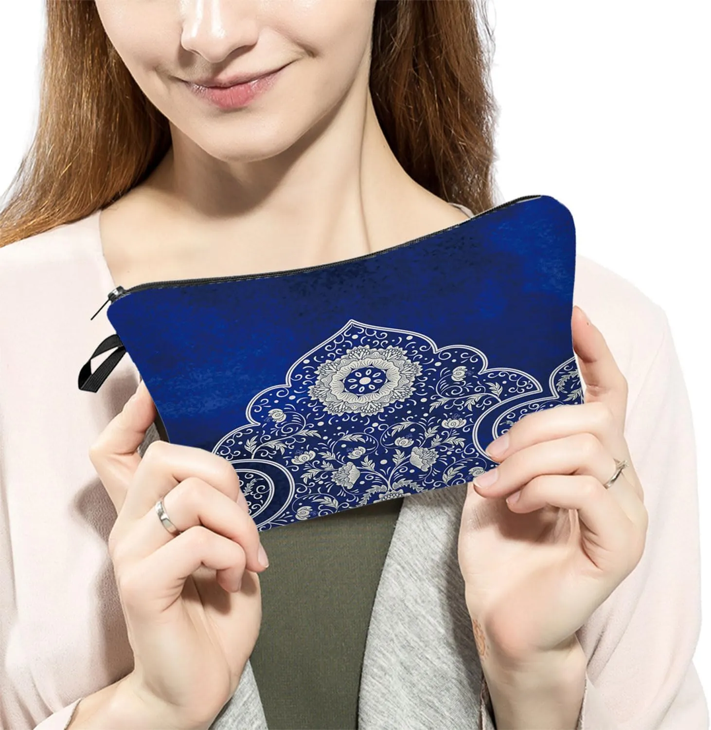 Blue White Porcelain Cosmetic Bag Cute Small Organizer Zipper Pouch Blue Ethnic Pattern Cosmetic Bag Present for Women Friends