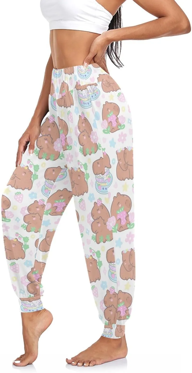 Boccsty Women's Pajama Pants Capybaras Strawberries Flowers Women Harem Pants Sweatpants Yoga Pants Athletic Lounge Pants S