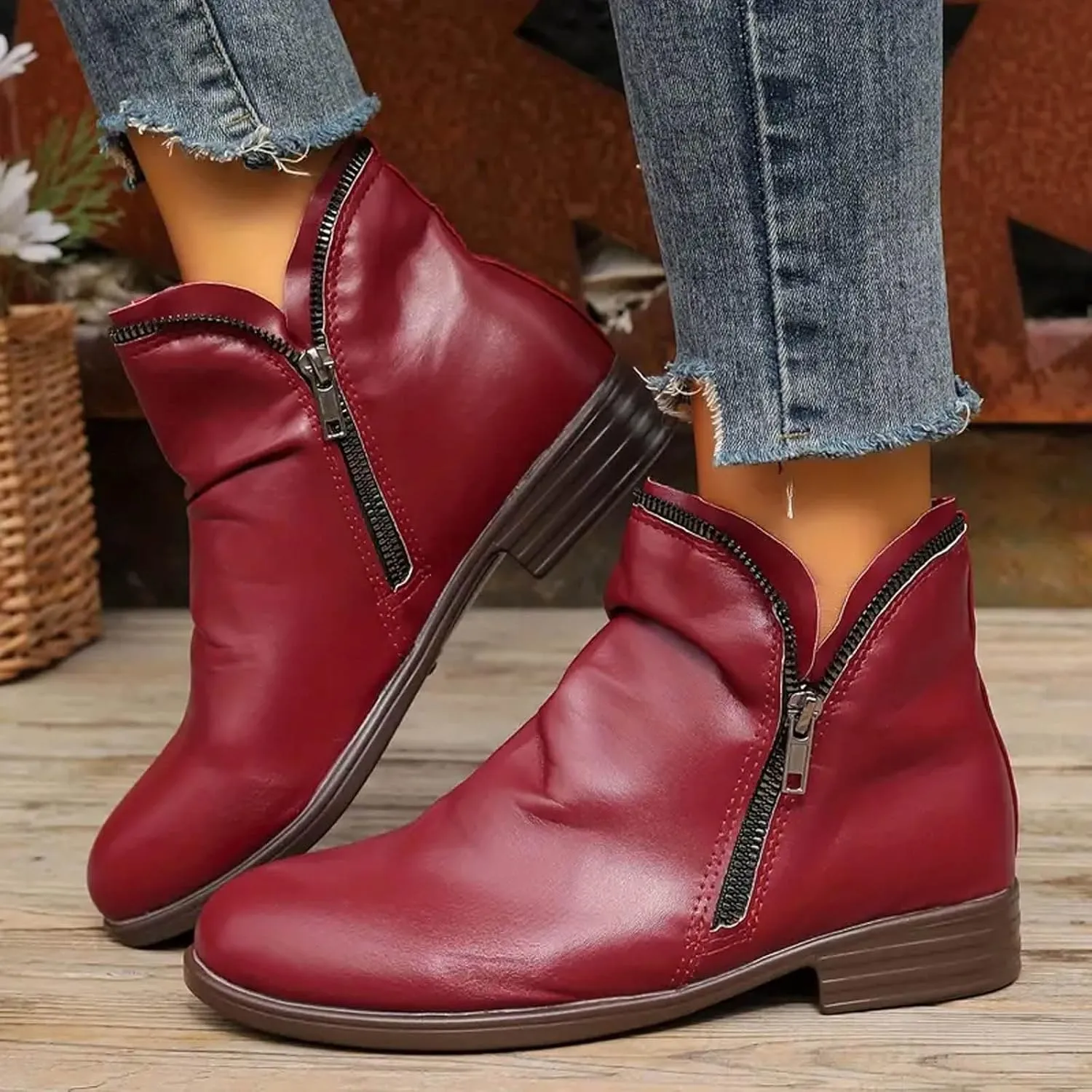 Boots for Women Ankle Boots Casual Womens Low Heel Fashion Arch Support Lace Up Zipper Shoes Walking Short Booties