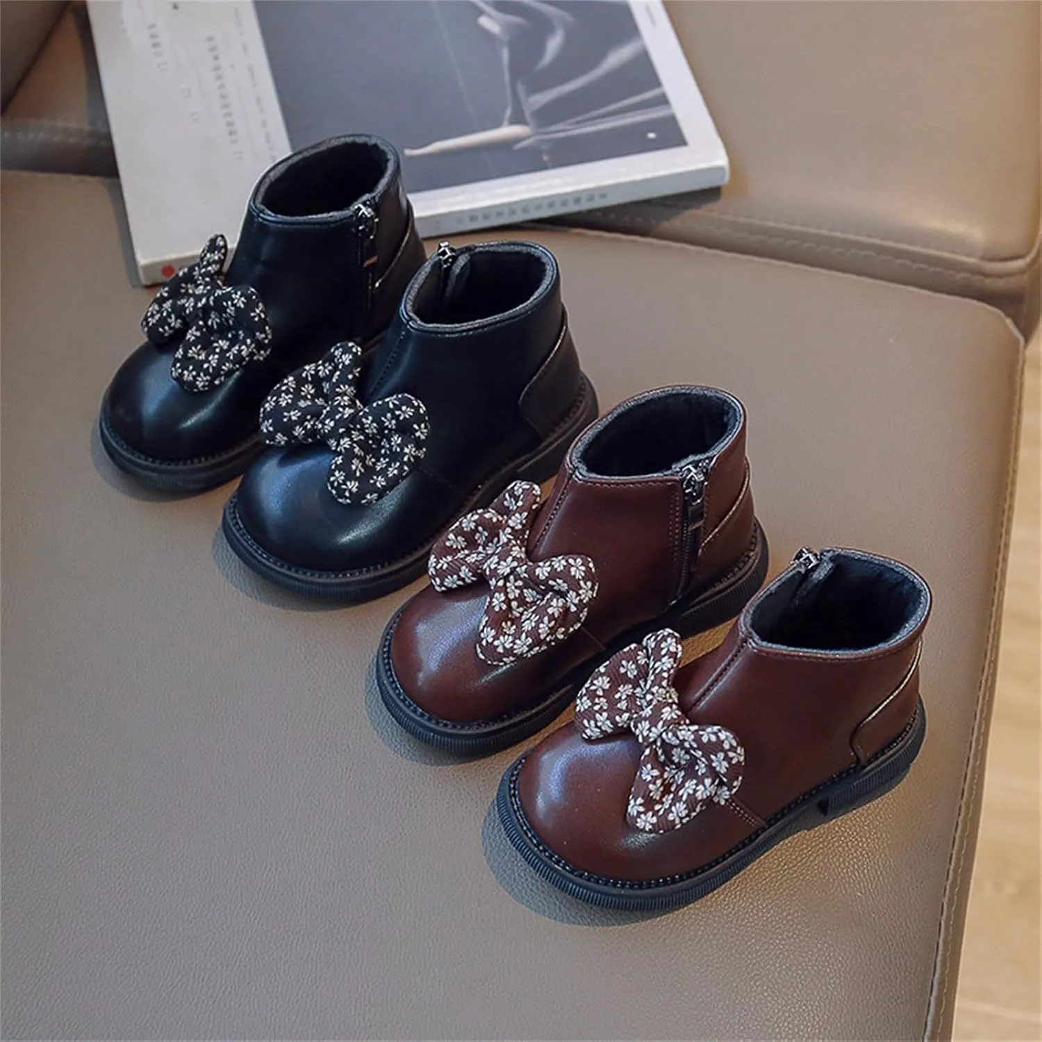 Bowknot Ankle Boots for Toddler Girls Princess Fashion Thick Bottom Birthday Sweet Dress Shoes with Side Zipper