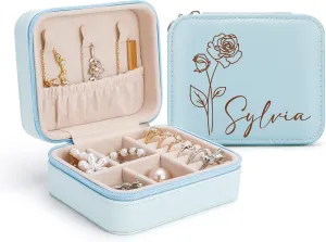 Bridesmaid Proposal Gifts Custom Leather Jewelry Box Birth Flower Travel Jewelry Case Ring Box Personalized Jewelry Organizer Wedding Bachelorette Gifts for Women(Blue)