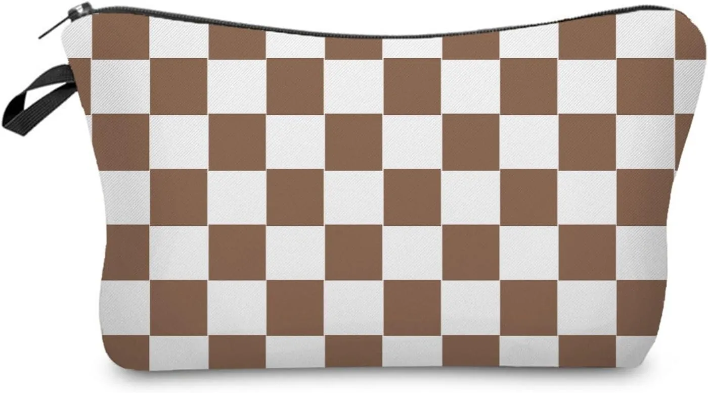 Brown White Plaid Makeup Bag Cute Small Organizer Zipper Pouch Brown White Checkered Cosmetic Bag Present for Women Friends Sisters