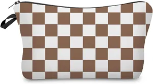 Brown White Plaid Makeup Bag Cute Small Organizer Zipper Pouch Brown White Checkered Cosmetic Bag Present for Women Friends Sisters