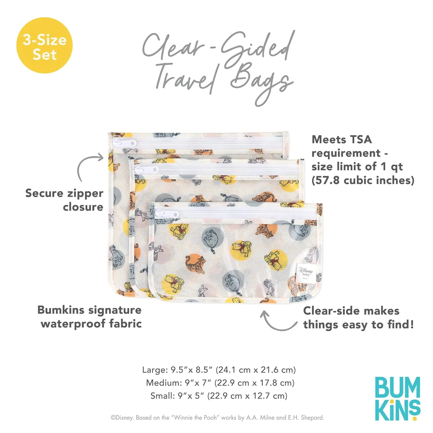 Bumkins Disney Travel Bag, Toiletry, TSA Approved Pouch, Zip Bag, Quart Size Airline Compliant, Clear-Sided, Baby, Diaper Bag Organization, Accessories, Packing, Set of 3 Sizes, Winnie the Pooh