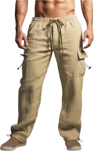 Casual Pants for Mens Linen Pants Relaxed-Fit Beach Pants Summer Yoga Pants Soft Elastic Waist Pants