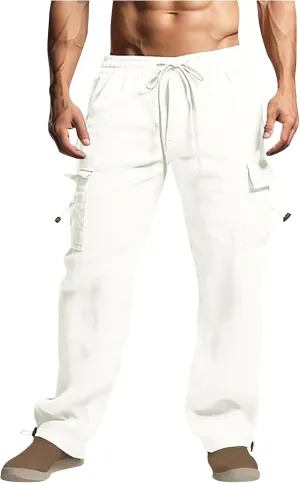 Casual Pants for Mens Linen Pants Relaxed-Fit Beach Pants Summer Yoga Pants Soft Elastic Waist Pants