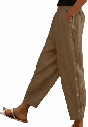 Casual Pants for Women Cotton Linen Harem Pants Elastic High Waist Pants Loose Fit Pants Summer Beach Pants Pockets