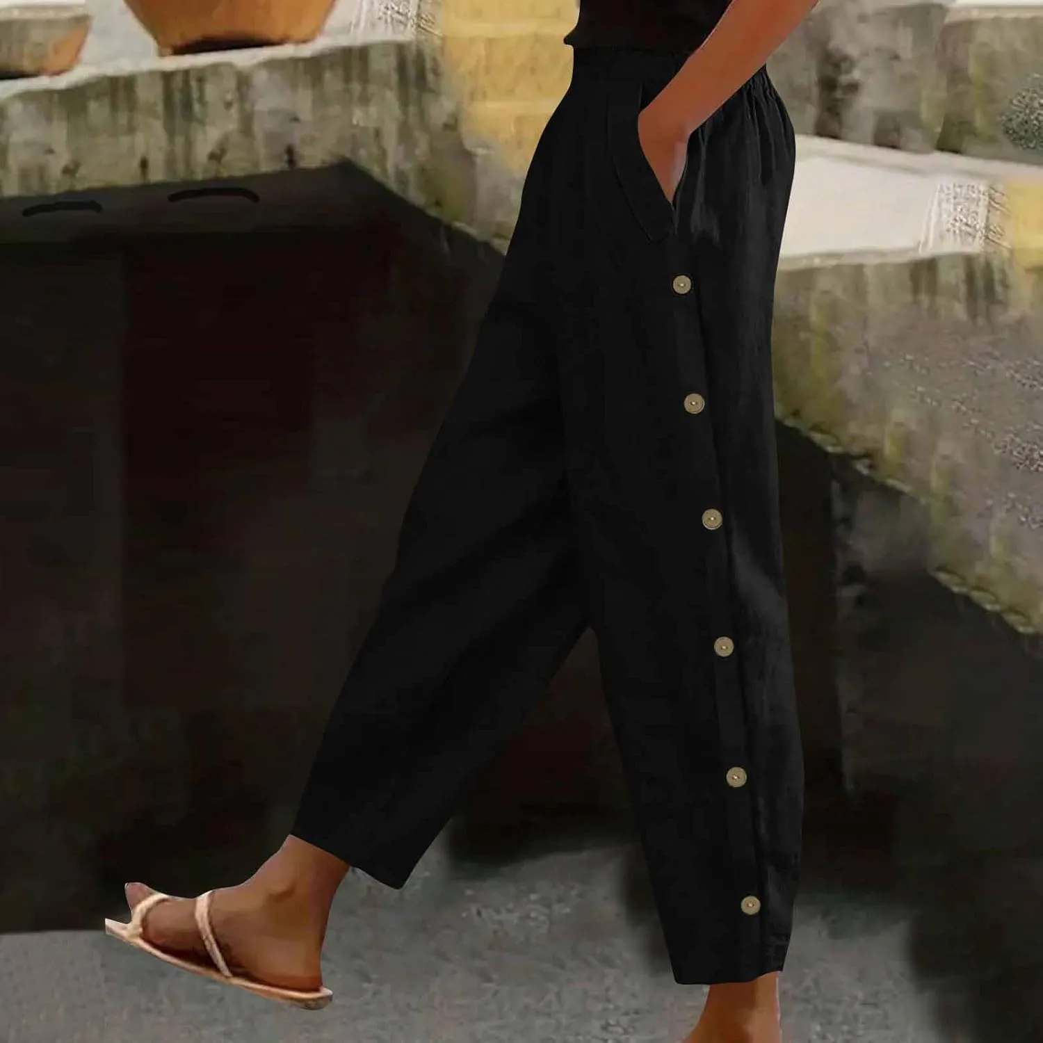 Casual Pants for Women Cotton Linen Harem Pants Elastic High Waist Pants Loose Fit Pants Summer Beach Pants Pockets
