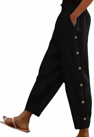 Casual Pants for Women Cotton Linen Harem Pants Elastic High Waist Pants Loose Fit Pants Summer Beach Pants Pockets