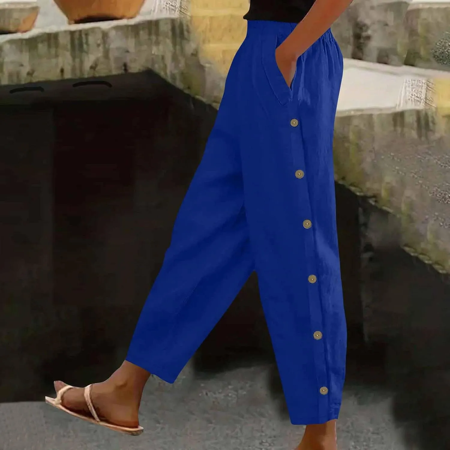 Casual Pants for Women Cotton Linen Harem Pants Elastic High Waist Pants Loose Fit Pants Summer Beach Pants Pockets