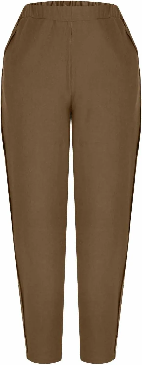 Casual Pants for Women Cotton Linen Harem Pants Elastic High Waist Pants Loose Fit Pants Summer Beach Pants Pockets