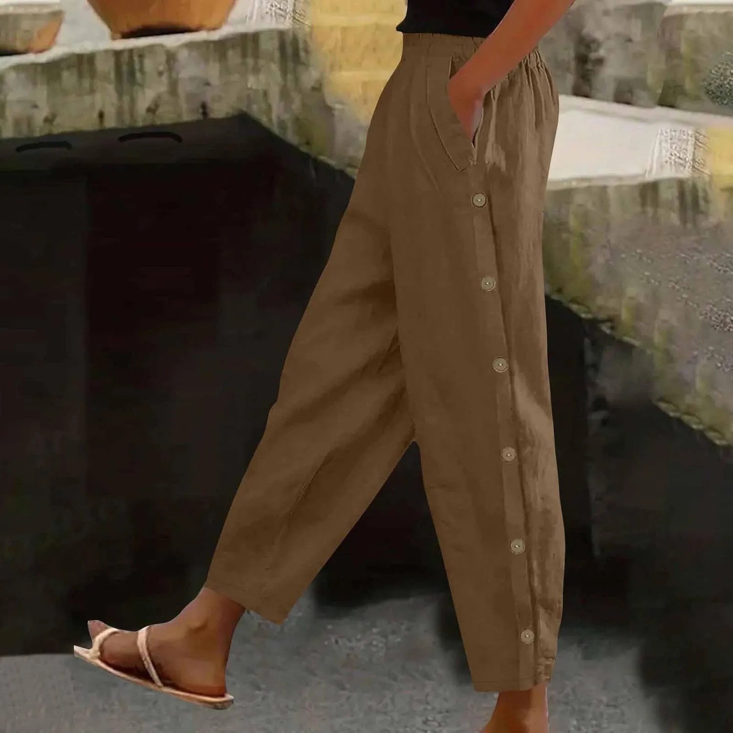 Casual Pants for Women Cotton Linen Harem Pants Elastic High Waist Pants Loose Fit Pants Summer Beach Pants Pockets