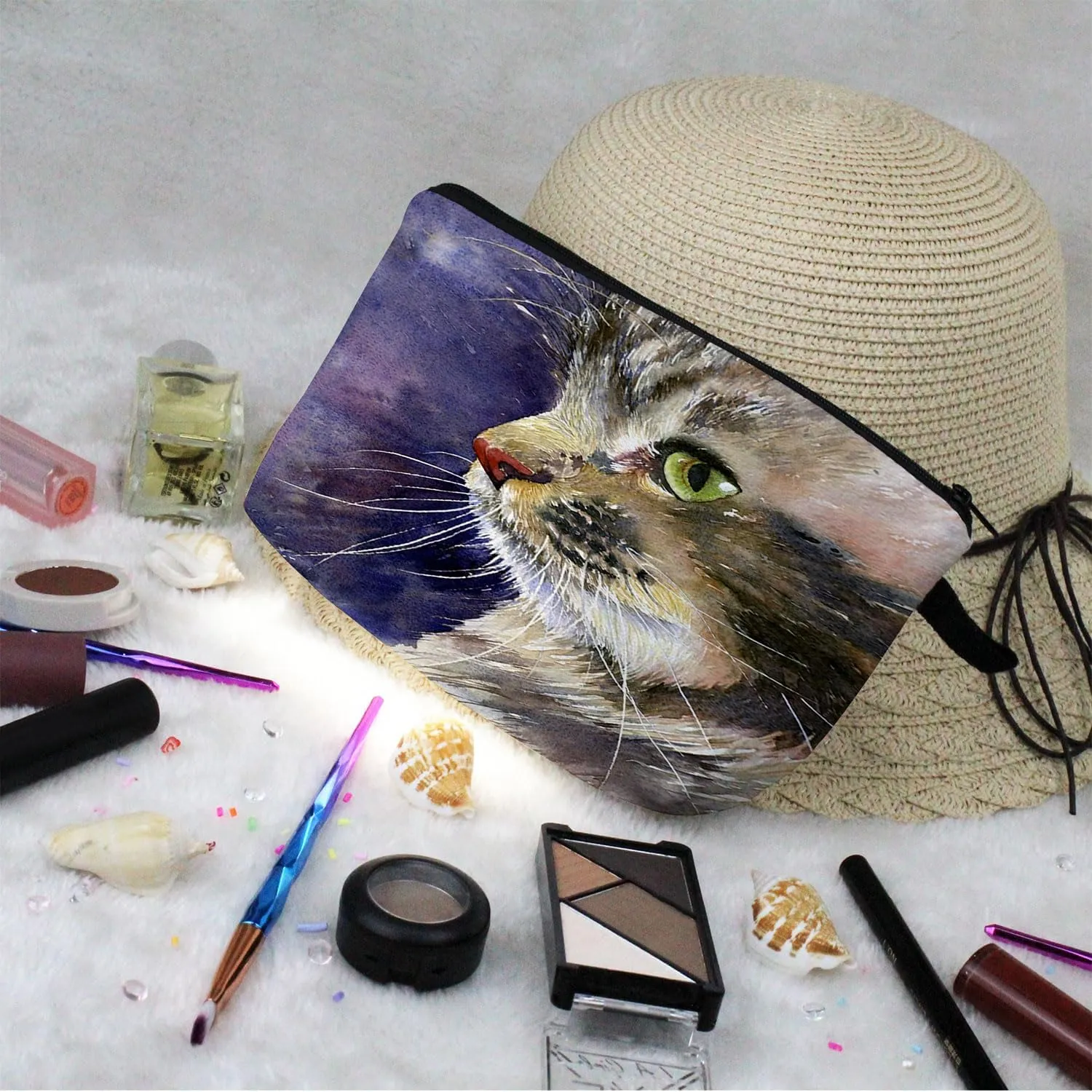 Cat Makeup Bag Cute Small Organizer Bag Travel Toiletry Zipper Pouch Kitten Kitty Painting Print Cosmetic Bag Birthday Present for Cat Lovers Mom Women