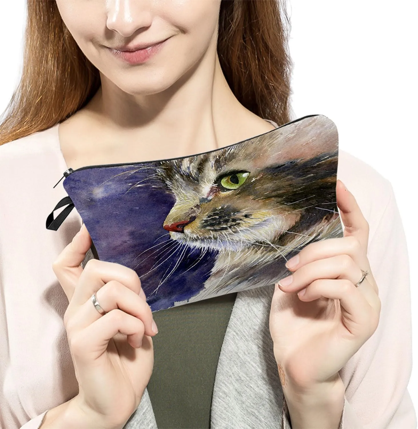 Cat Makeup Bag Cute Small Organizer Bag Travel Toiletry Zipper Pouch Kitten Kitty Painting Print Cosmetic Bag Birthday Present for Cat Lovers Mom Women