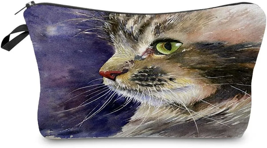 Cat Makeup Bag Cute Small Organizer Bag Travel Toiletry Zipper Pouch Kitten Kitty Painting Print Cosmetic Bag Birthday Present for Cat Lovers Mom Women