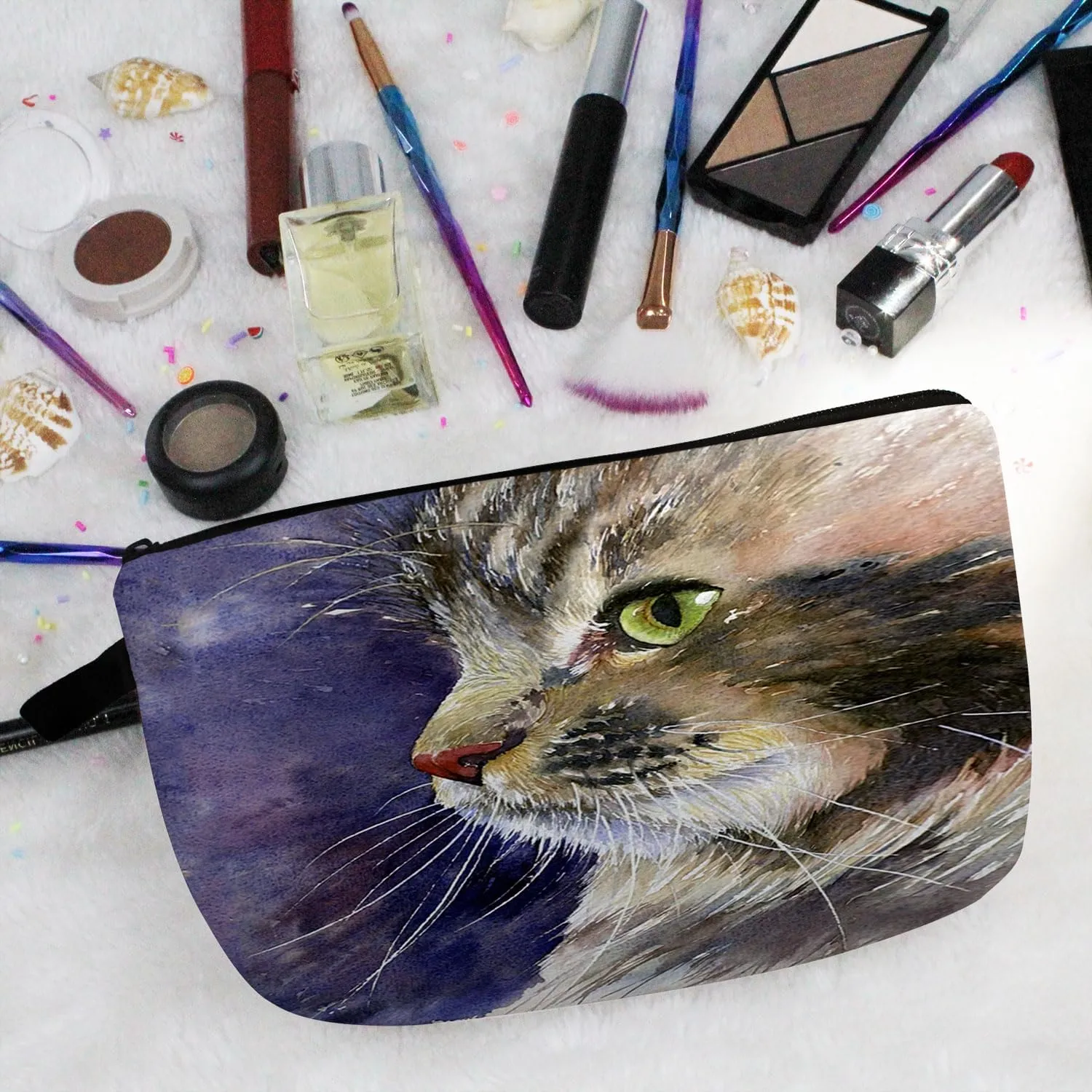 Cat Makeup Bag Cute Small Organizer Bag Travel Toiletry Zipper Pouch Kitten Kitty Painting Print Cosmetic Bag Birthday Present for Cat Lovers Mom Women