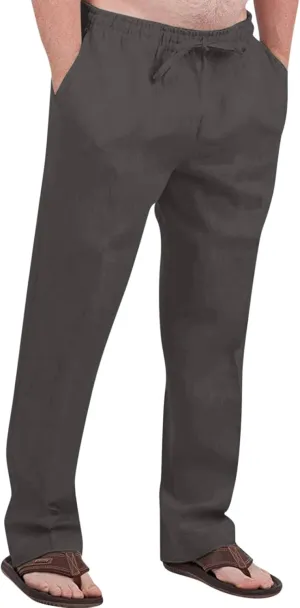 Cdiecer Mens Linen Pants Elastic Drawstring Waist Straight-Legs Pants Summer Beach Long Pants Lightweight Yoga Pants