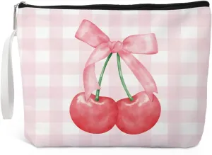 Cherry Bow Pink Makeup Bag, Cute Cosmetic Bag for Women, Coquette Aesthetic Gifts for Sister Friend, Bridesmaid Gifts for Bestie, Sorority Party Gifts, Cherry Gifts for Daughter