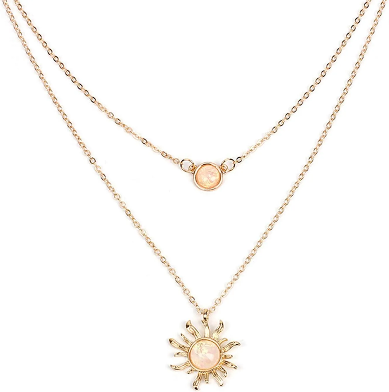 COLORFUL BLING Double Chains Moon and Sun Layered Choker Necklace Sunflower Opal Pendant Necklace Gift for Women
