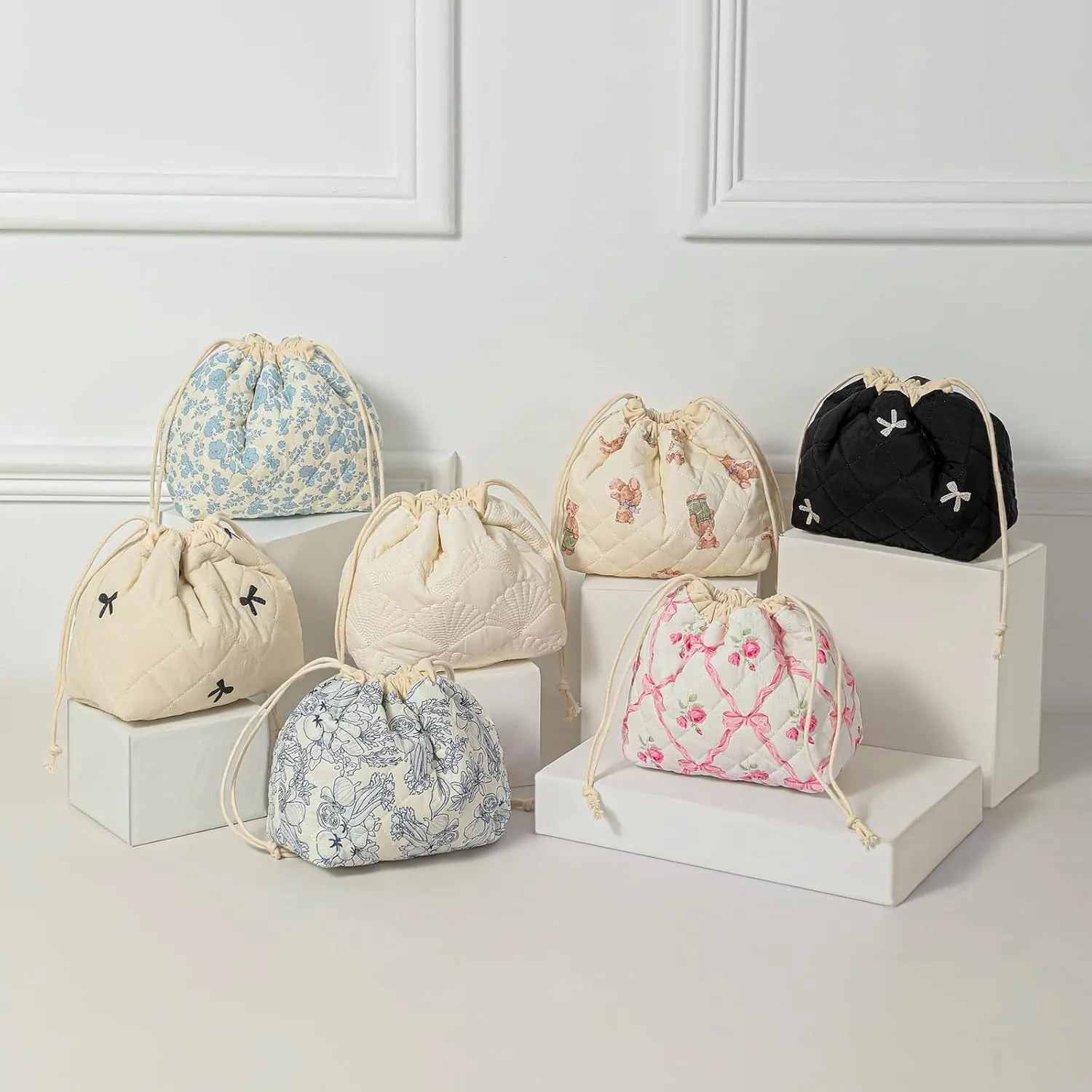 Cotton Quilted Drawstring Makeup Bag with Canvas Lining,Coquette Aesthetic Cute Travel Toiletry Bag,Drawstring Gift Bag for Women and Girls05Beige Bows
