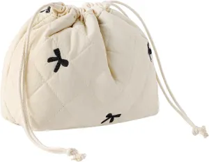 Cotton Quilted Drawstring Makeup Bag with Canvas Lining,Coquette Aesthetic Cute Travel Toiletry Bag,Drawstring Gift Bag for Women and Girls05Beige Bows