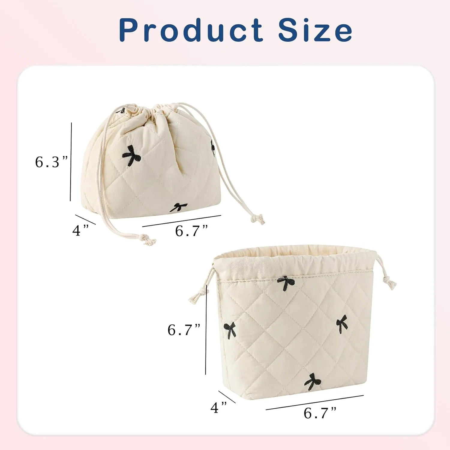 Cotton Quilted Drawstring Makeup Bag with Canvas Lining,Coquette Aesthetic Cute Travel Toiletry Bag,Drawstring Gift Bag for Women and Girls05Beige Bows