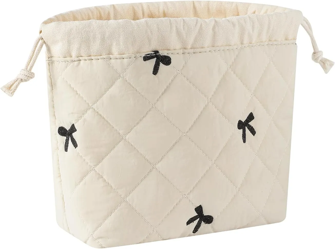 Cotton Quilted Drawstring Makeup Bag with Canvas Lining,Coquette Aesthetic Cute Travel Toiletry Bag,Drawstring Gift Bag for Women and Girls05Beige Bows