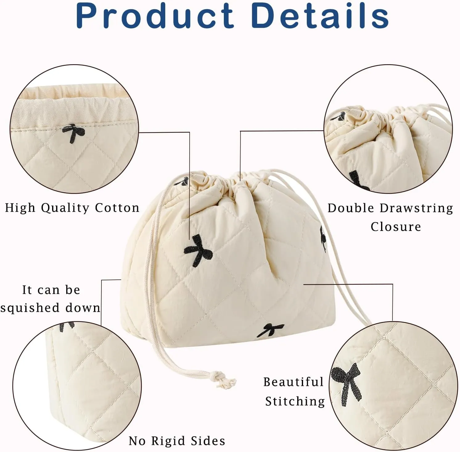 Cotton Quilted Drawstring Makeup Bag with Canvas Lining,Coquette Aesthetic Cute Travel Toiletry Bag,Drawstring Gift Bag for Women and Girls05Beige Bows