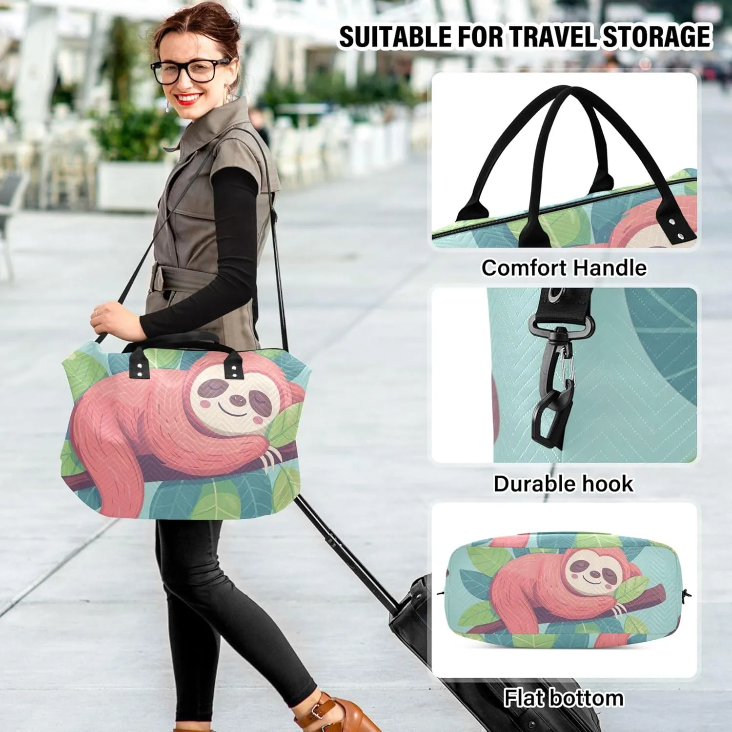 Cute Sloth Sleeping Branch Travel Duffel Bags Make up Bags Set of 2, Print Women Gym Duffle Bag Duffel for Traveling