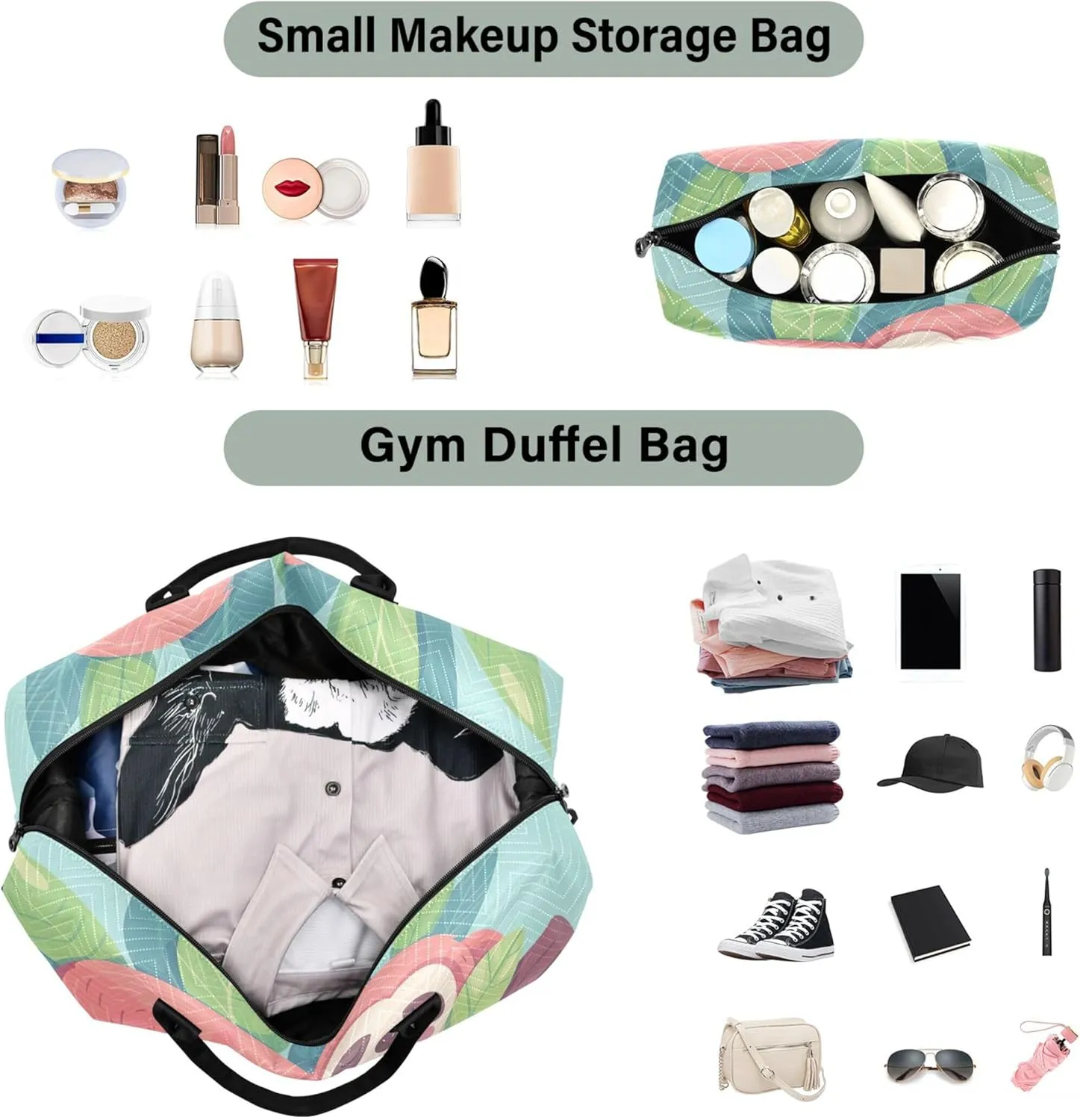 Cute Sloth Sleeping Branch Travel Duffel Bags Make up Bags Set of 2, Print Women Gym Duffle Bag Duffel for Traveling