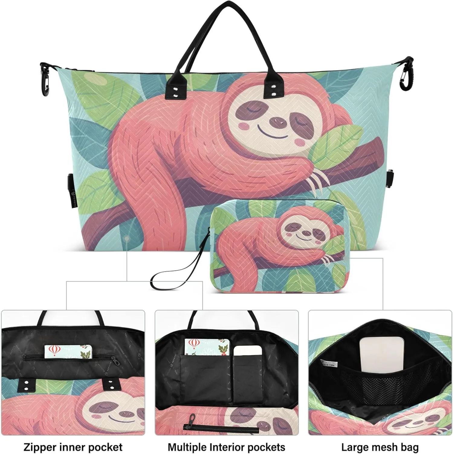 Cute Sloth Sleeping Branch Travel Duffel Bags Make up Bags Set of 2, Print Women Gym Duffle Bag Duffel for Traveling