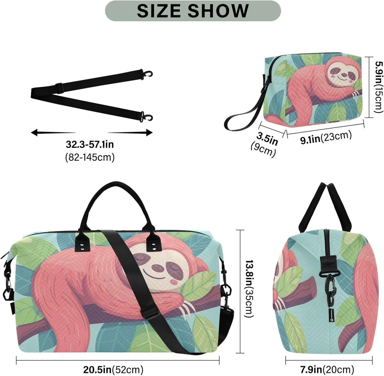 Cute Sloth Sleeping Branch Travel Duffel Bags Make up Bags Set of 2, Print Women Gym Duffle Bag Duffel for Traveling