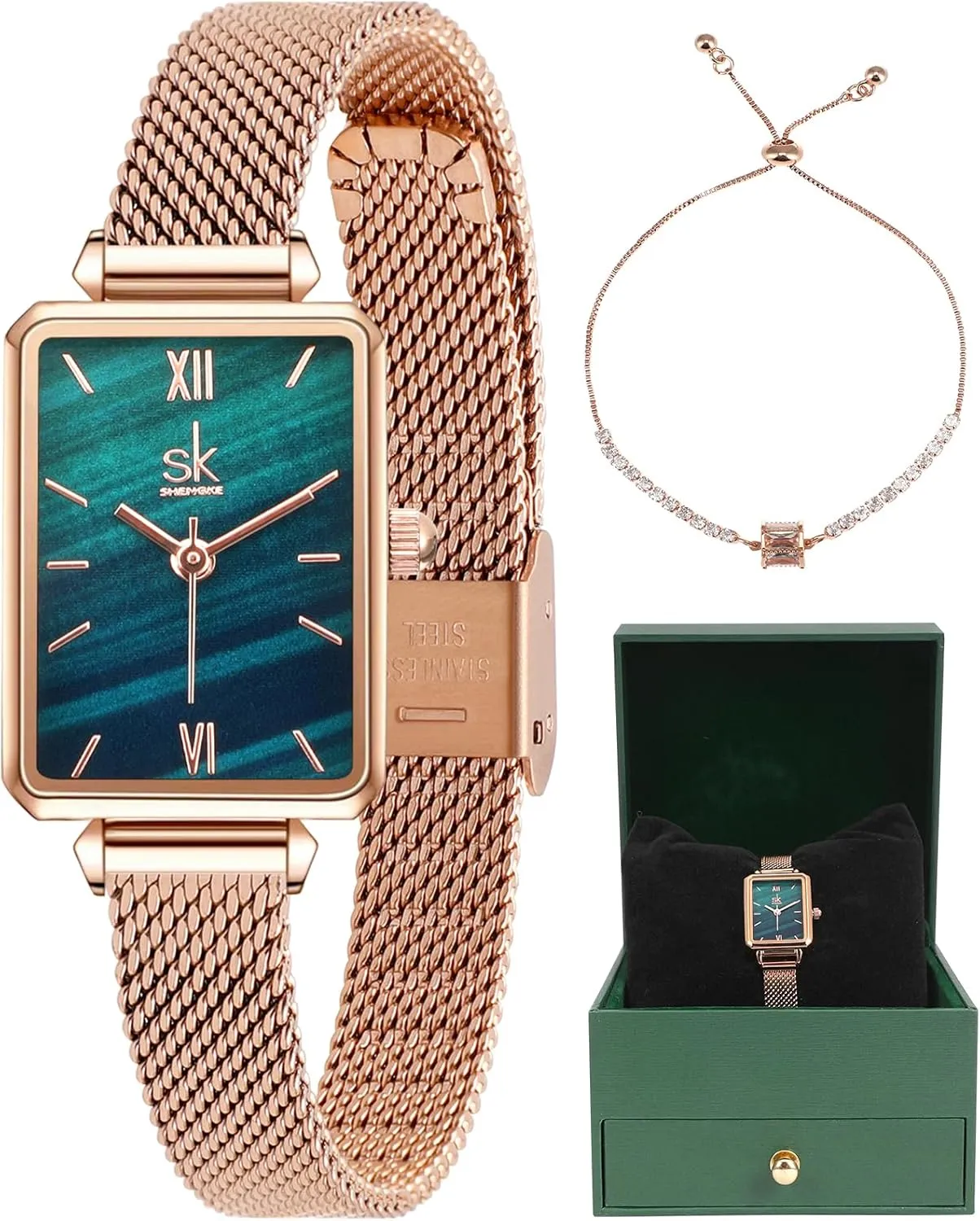 Dainty Women's Wrist Watch: Green Malachite Dial,Beautiful Bracelet, Wrapped by Stylish Gift Box, Elegant Present for Ladies and Loved Ones Anniversary, Birthday, or Holidays Like Christmas.