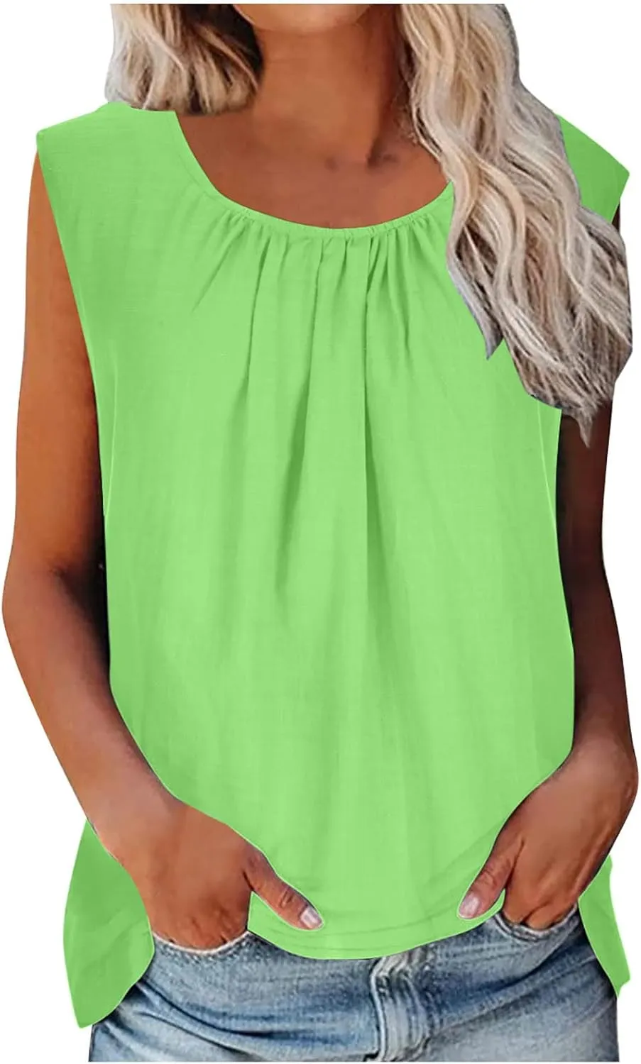 DASAYO Women's Sleeveless Linen Tank Tops Solid Color Crewneck Loose Tshirt Tanks Flowy Retro Gauze Going Out Shirt Blouse
