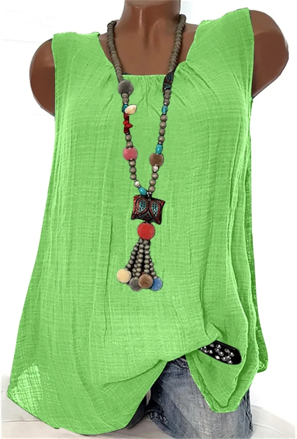 DASAYO Women's Sleeveless Linen Tank Tops Solid Color Crewneck Loose Tshirt Tanks Flowy Retro Gauze Going Out Shirt Blouse