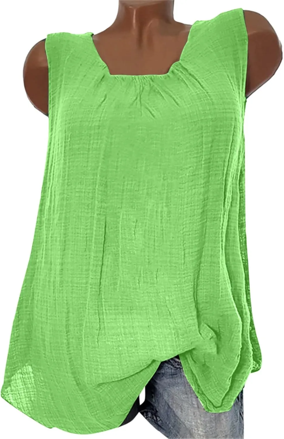 DASAYO Women's Sleeveless Linen Tank Tops Solid Color Crewneck Loose Tshirt Tanks Flowy Retro Gauze Going Out Shirt Blouse