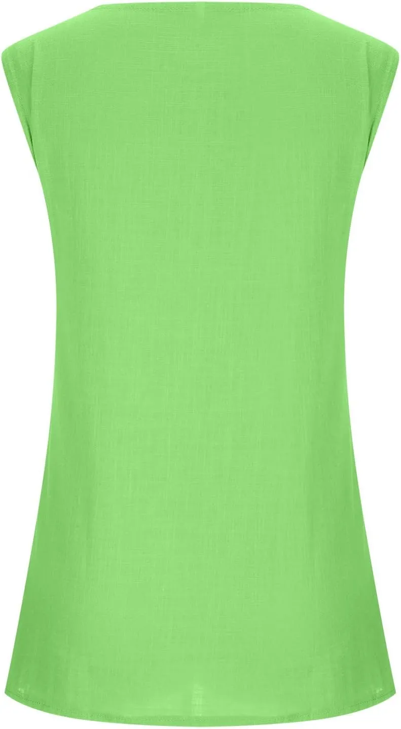 DASAYO Women's Sleeveless Linen Tank Tops Solid Color Crewneck Loose Tshirt Tanks Flowy Retro Gauze Going Out Shirt Blouse