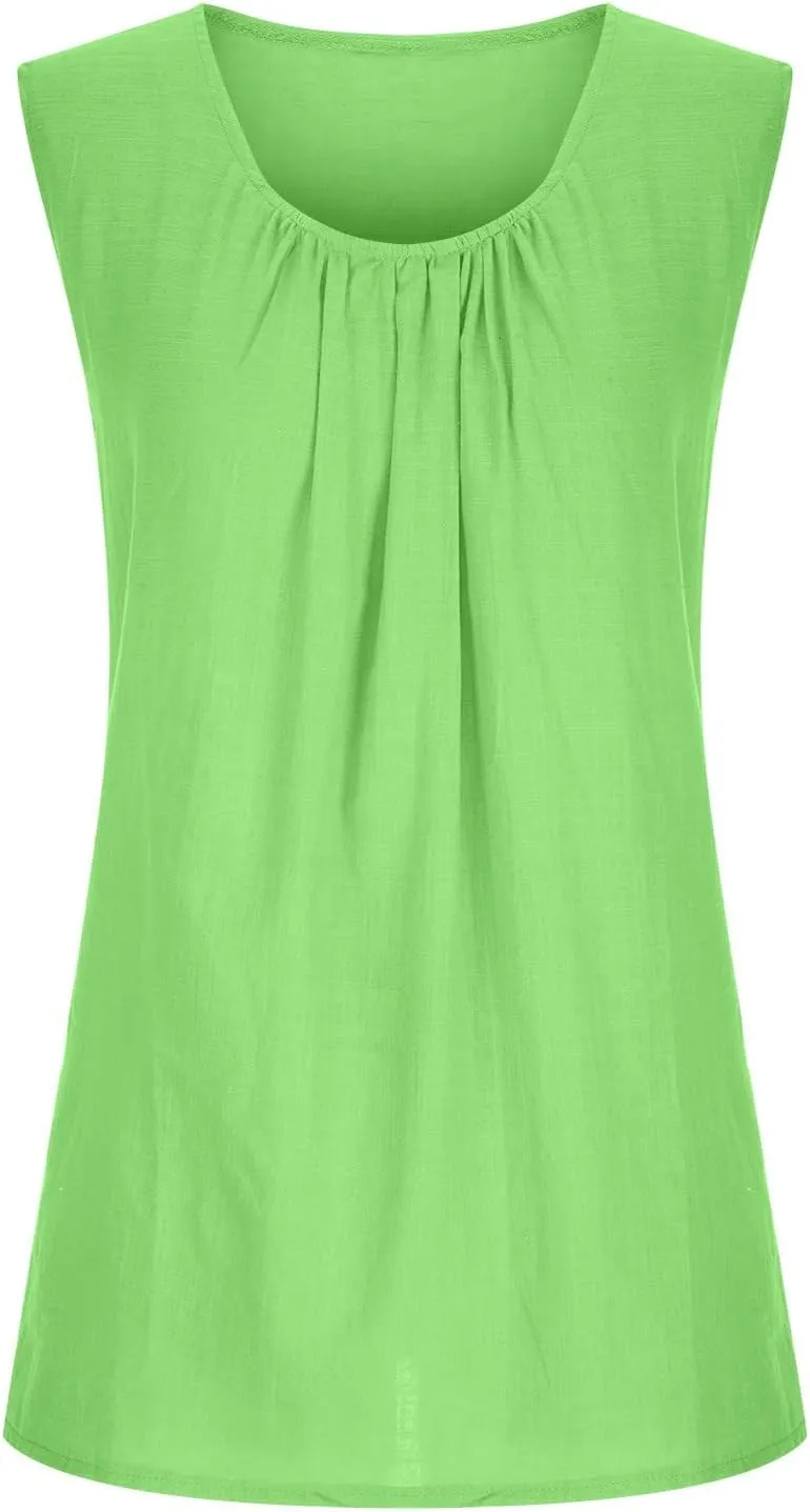 DASAYO Women's Sleeveless Linen Tank Tops Solid Color Crewneck Loose Tshirt Tanks Flowy Retro Gauze Going Out Shirt Blouse
