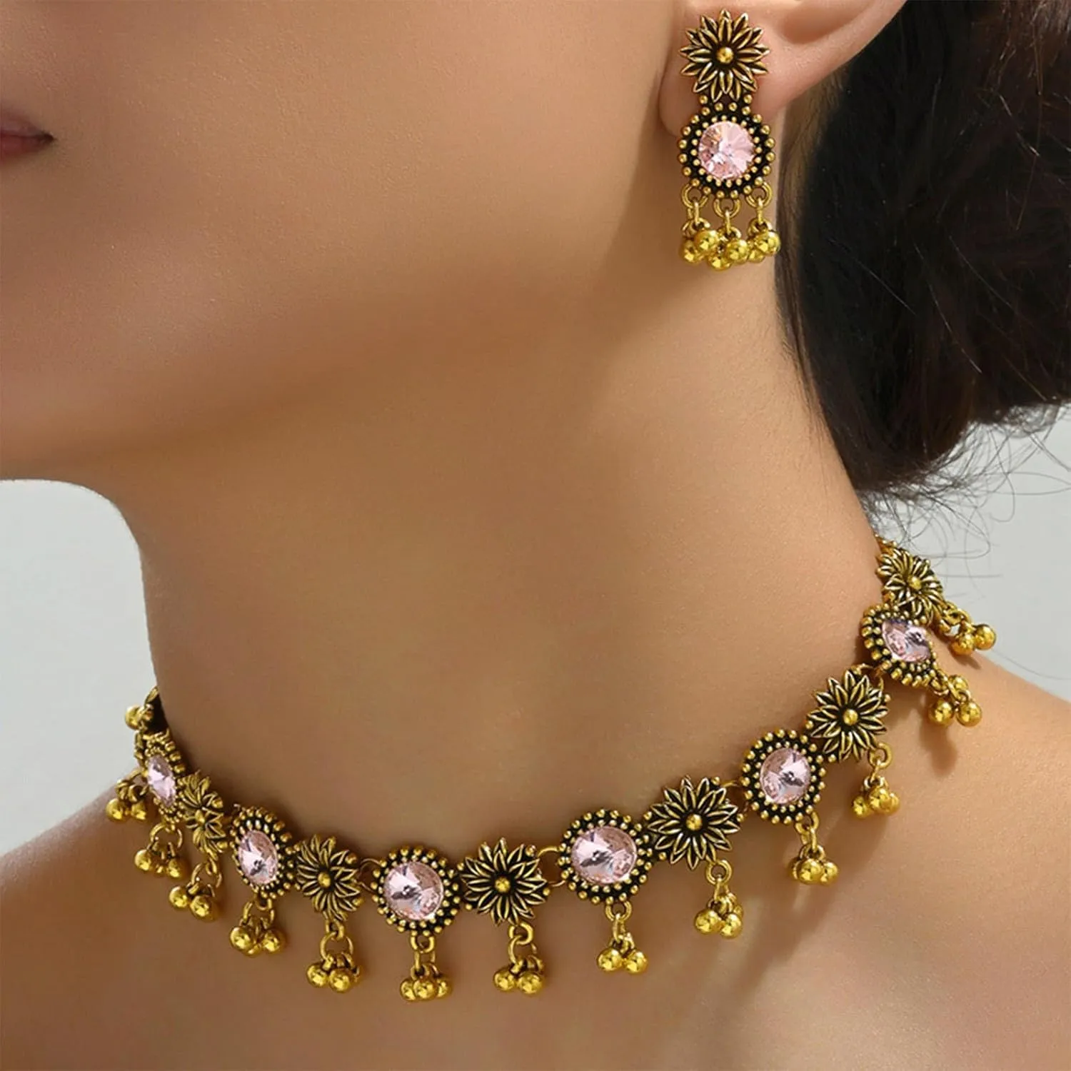 Dcfywl731 Indian Jewelry Sets for Women Bollywood Wedding Jewelry Necklace Set Oxidized Indian Choker Necklace with Maang Tikka Earrings Set Jewelry Gift