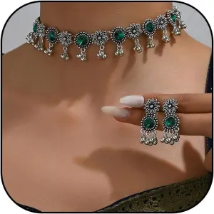 Dcfywl731 Indian Jewelry Sets for Women Bollywood Wedding Jewelry Necklace Set Oxidized Indian Choker Necklace with Maang Tikka Earrings Set Jewelry Gift