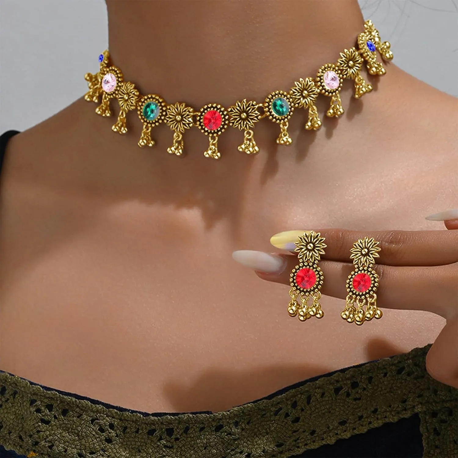 Dcfywl731 Indian Jewelry Sets for Women Bollywood Wedding Jewelry Necklace Set Oxidized Indian Choker Necklace with Maang Tikka Earrings Set Jewelry Gift