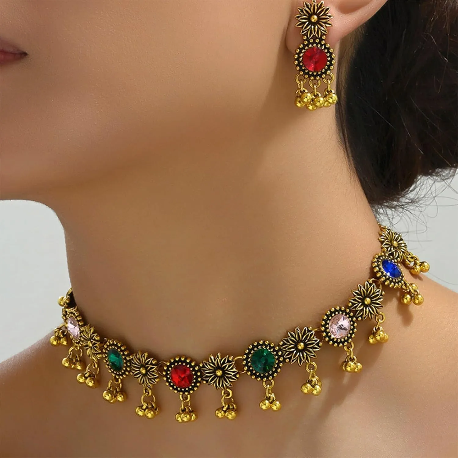 Dcfywl731 Indian Jewelry Sets for Women Bollywood Wedding Jewelry Necklace Set Oxidized Indian Choker Necklace with Maang Tikka Earrings Set Jewelry Gift