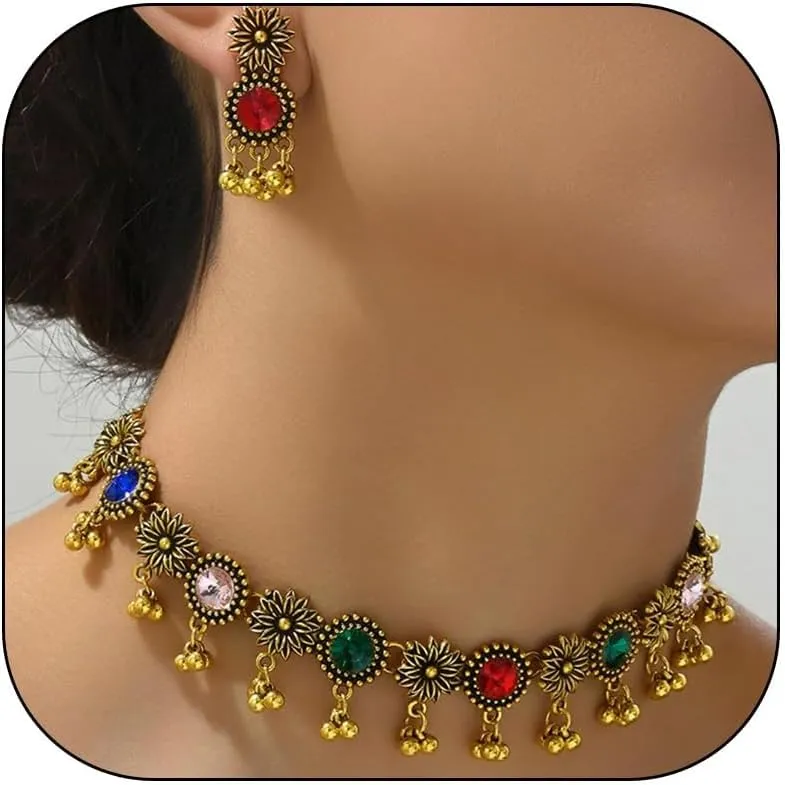 Dcfywl731 Indian Jewelry Sets for Women Bollywood Wedding Jewelry Necklace Set Oxidized Indian Choker Necklace with Maang Tikka Earrings Set Jewelry Gift