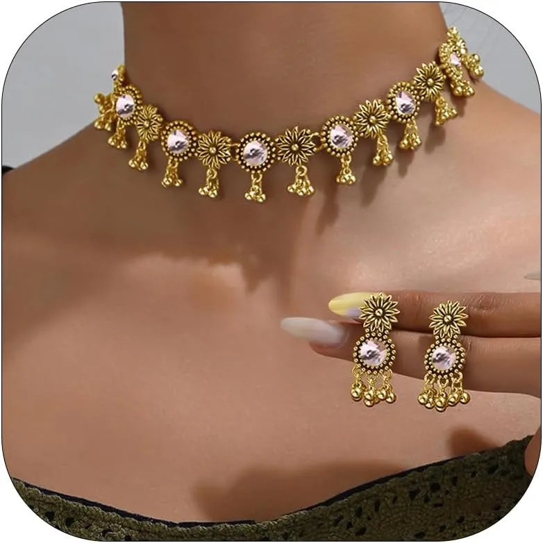 Dcfywl731 Indian Jewelry Sets for Women Bollywood Wedding Jewelry Necklace Set Oxidized Indian Choker Necklace with Maang Tikka Earrings Set Jewelry Gift