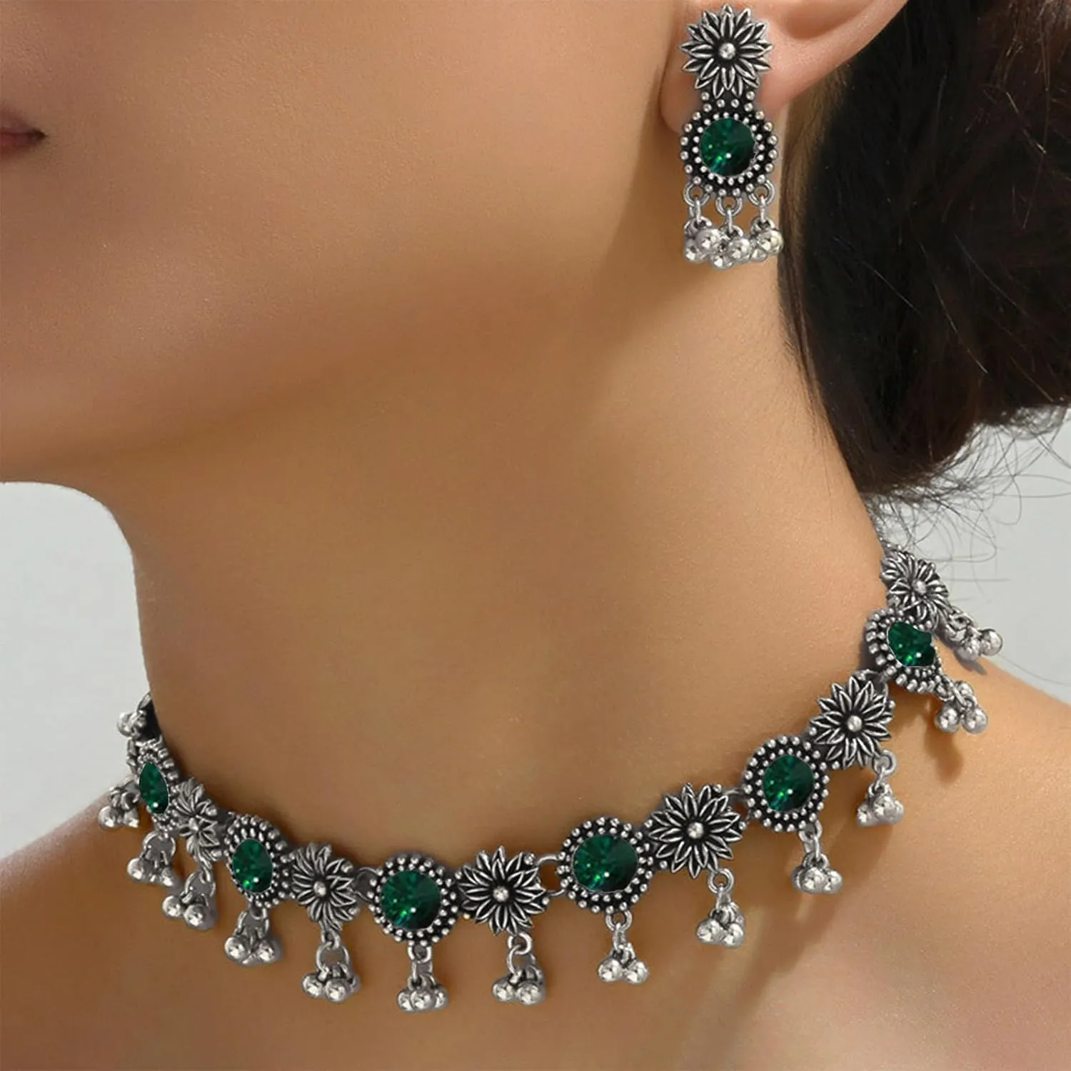 Dcfywl731 Indian Jewelry Sets for Women Bollywood Wedding Jewelry Necklace Set Oxidized Indian Choker Necklace with Maang Tikka Earrings Set Jewelry Gift